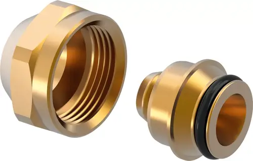 Messingverbindungsstück von Uponor mit Innen- und Außengewinde, geeignet für Rohrverbindungen. Zeigt eine glatte, goldene Oberfläche und Dichtungsring.