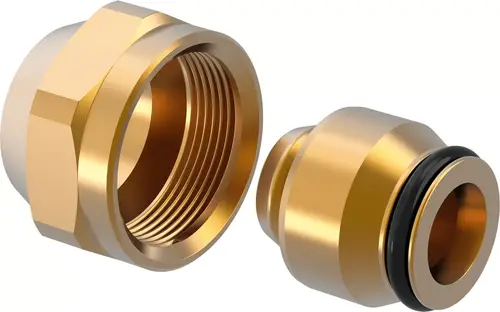 Verschraubung aus Metallteilen mit Innengewinde und O-Ring-Dichtung, typischerweise verwendet für Rohrverbindungen. Produkt von Uponor.