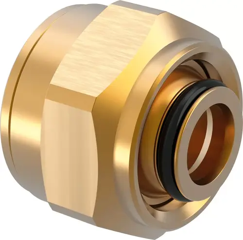Messingverbindung mit schwarzen O-Ringen, verwendet für die Verbindung von PEX-Rohren. Produkt von Uponor für sichere und einfache Montage in Sanitärsystemen.
