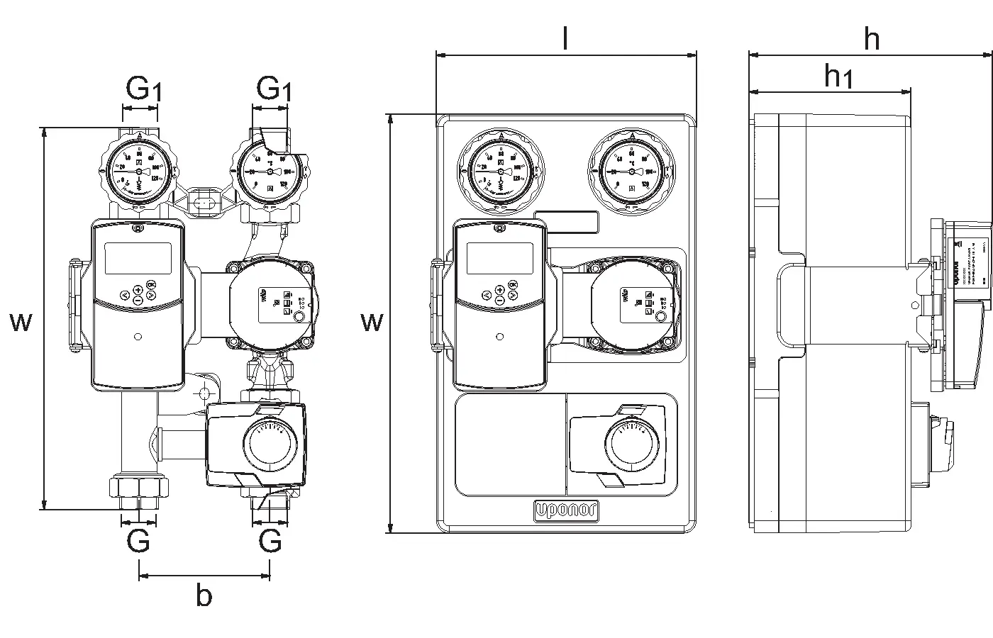 Uponor Pumpengruppe mit zwei Druckmessgeräten, Steuerungselementen und Anschlussmöglichkeiten. Technische Zeichnung mit Vorder-, Seiten- und Draufsicht.