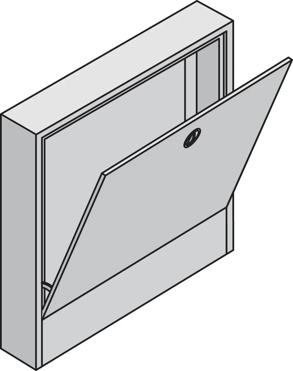 Verteilerschrank von Uponor mit einem schräg geöffneten Deckel, der in eine graue Wand montiert ist. Die Konstruktion ermöglicht einfachen Zugang zu den inneren Komponenten.