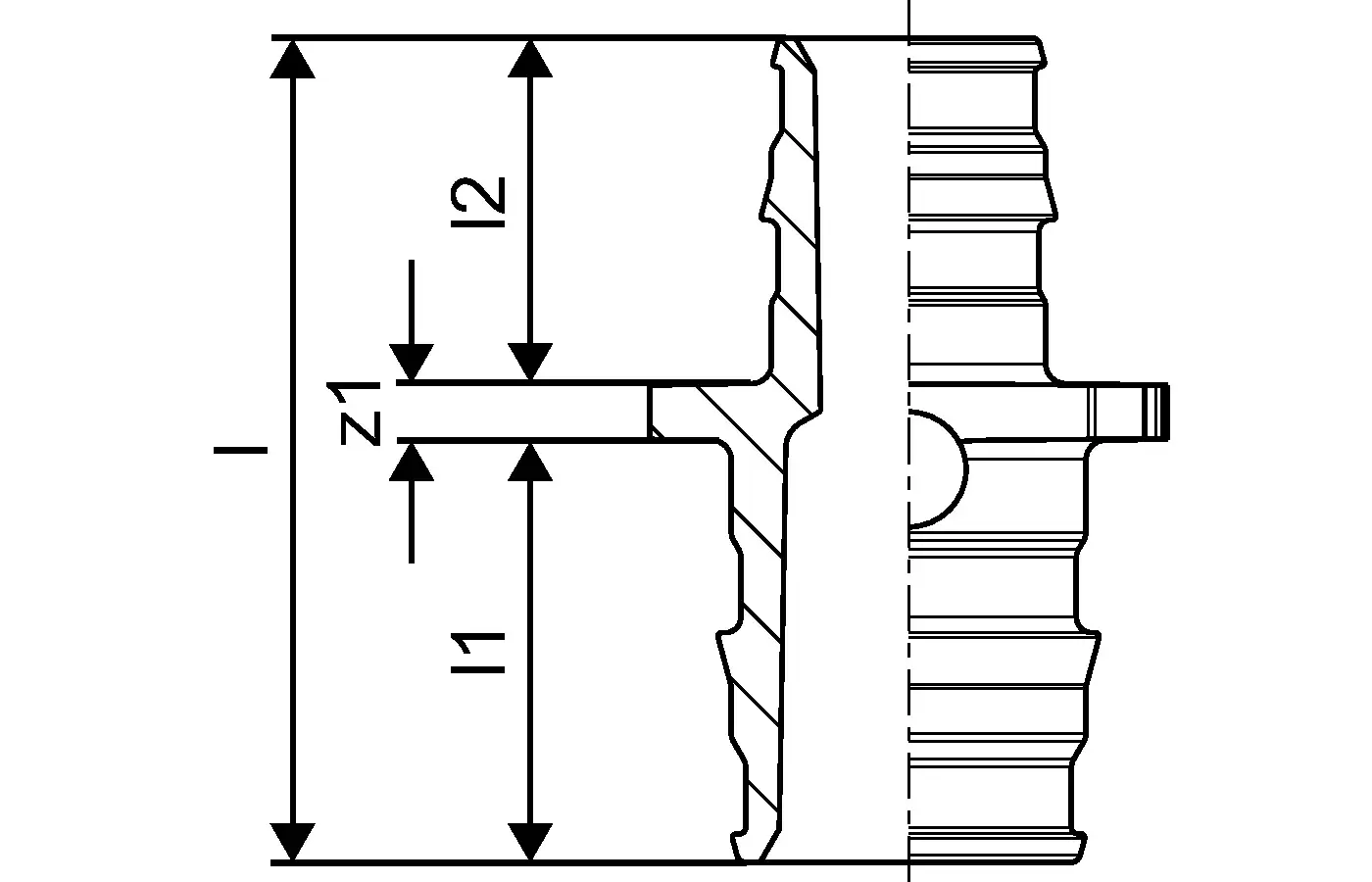 Schematische Darstellung einer Q&E Kupplung von Uponor, reduziert, mit verschiedenen Maßangaben und Profilen zur Verbindung von Rohrleitungen.