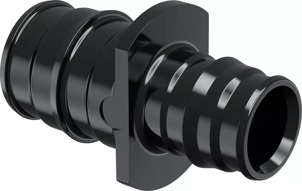 Schwarze Q&E Kupplung mit reduzierter Form, hergestellt aus PPSU, dargestellt in seitlicher Ansicht. Produkt von Uponor.
