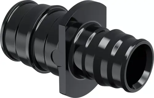 Schwarze Q&E Kupplung mit reduzierter Form, hergestellt aus PPSU, dargestellt in seitlicher Ansicht. Produkt von Uponor.
