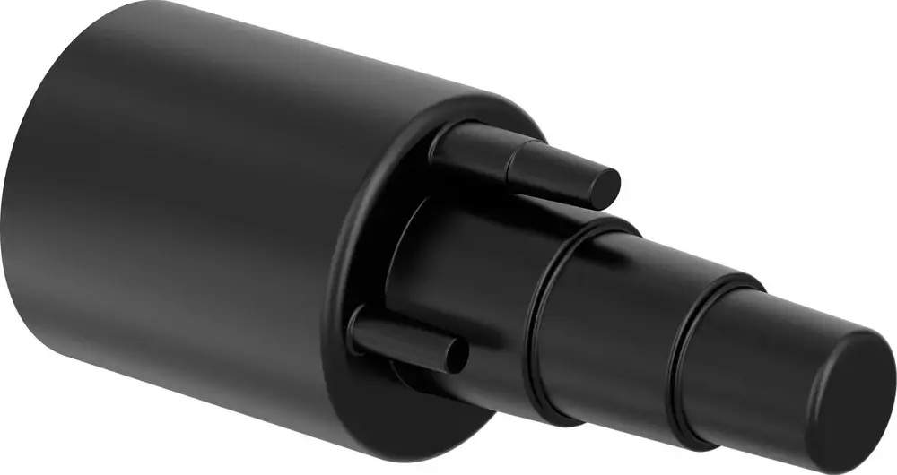 Schwarze Gummi-Endkappe mit mehreren Anschlüssen. Das Produkt stammt von Uponor und eignet sich für die Verbindung von Rohren in Sanitärinstallationen.