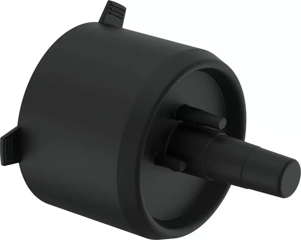 Schwarze Gummi-Endkappe mit einem länglichen Anschluss und zwei seitlichen Abstützungen, hergestellt von Uponor.