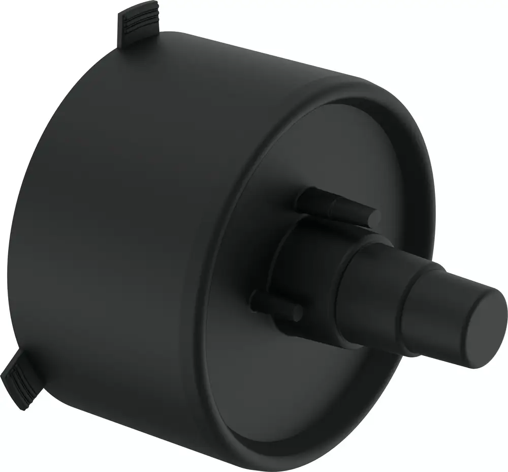 Schwarze Gummi-Endkappe mit verschiedenen Anschlüssen, hergestellt von Uponor. Das Produkt scheint für Rohrsysteme konzipiert zu sein.