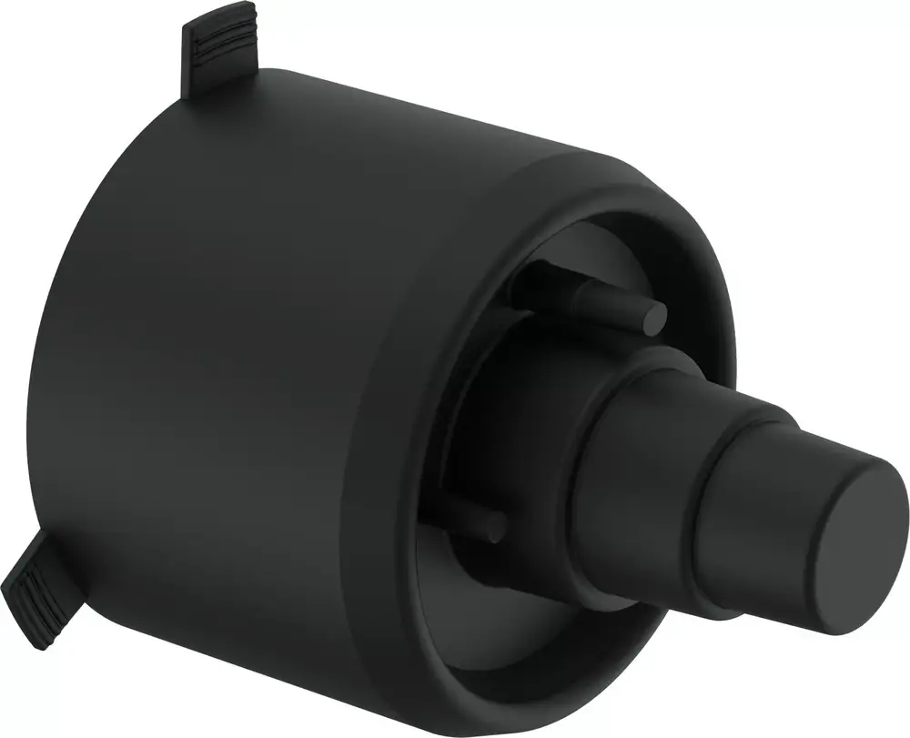 Schwarze Endkappe mit zwei seitlichen Aussparungen und einem zentralen Stift, hergestellt von Uponor, zur Verwendung in Produkten zur Rohrisolierung.