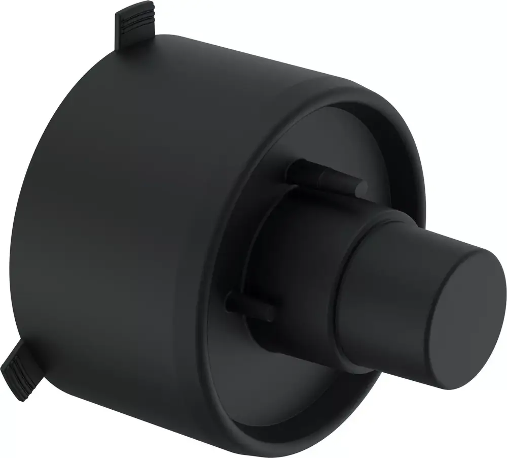 Schwarze Endkappe von Uponor mit runder Form und zwei seitlichen Ausgängen, geeignet für verschiedene Rohrleitungsanwendungen.
