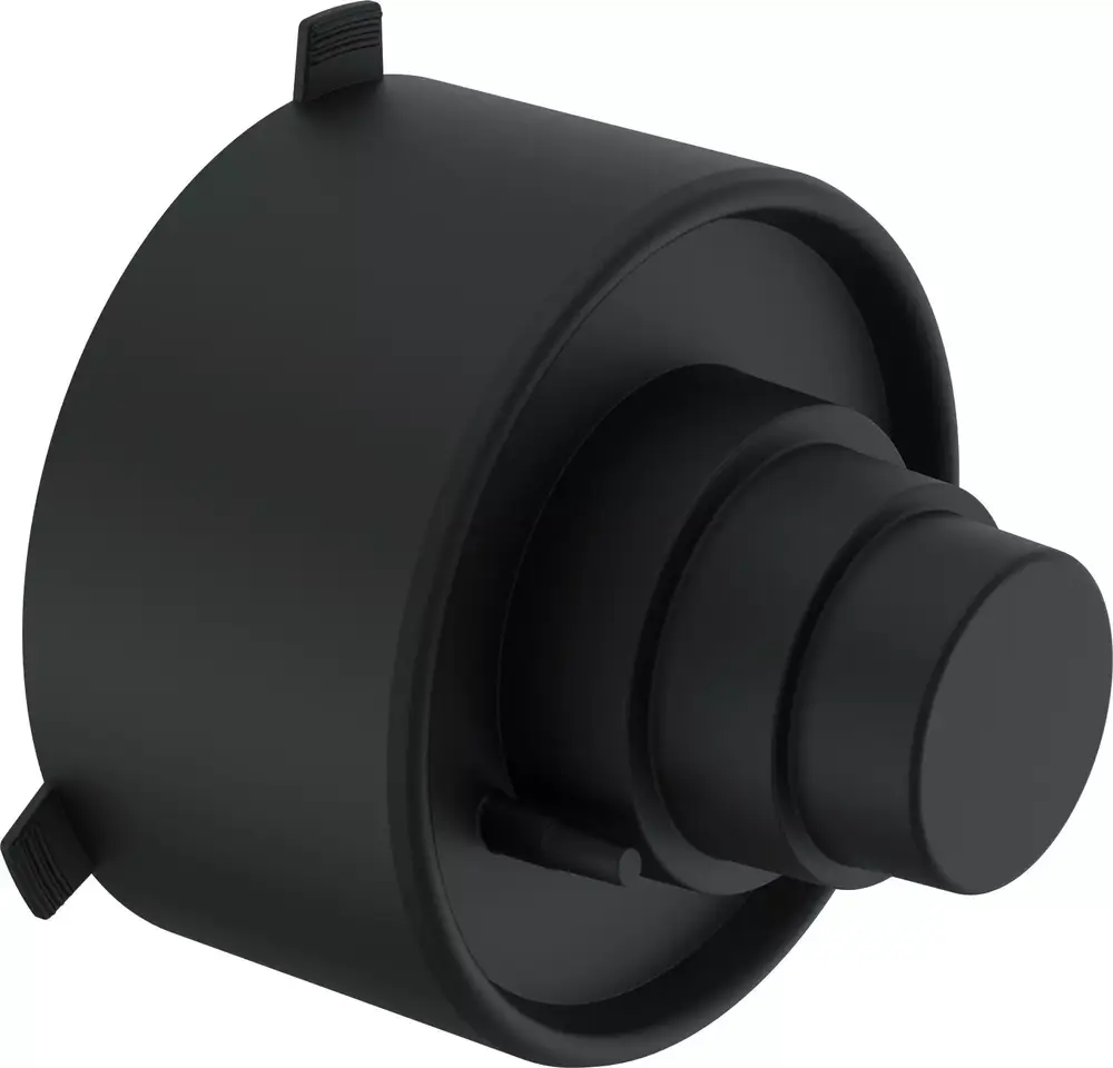 Schwarze Endkappe mit einfachem Design, die zur Verwendung mit Uponor-Systemen konzipiert ist, um Rohranschlüsse zu schützen und abzuschließen.