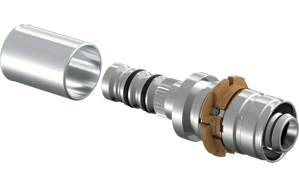 Überblick über eine S-Press Übergangskupplung von Uponor, bestehend aus einem zylindrischen Außengehäuse und einer inneren Verbindungsmechanik.