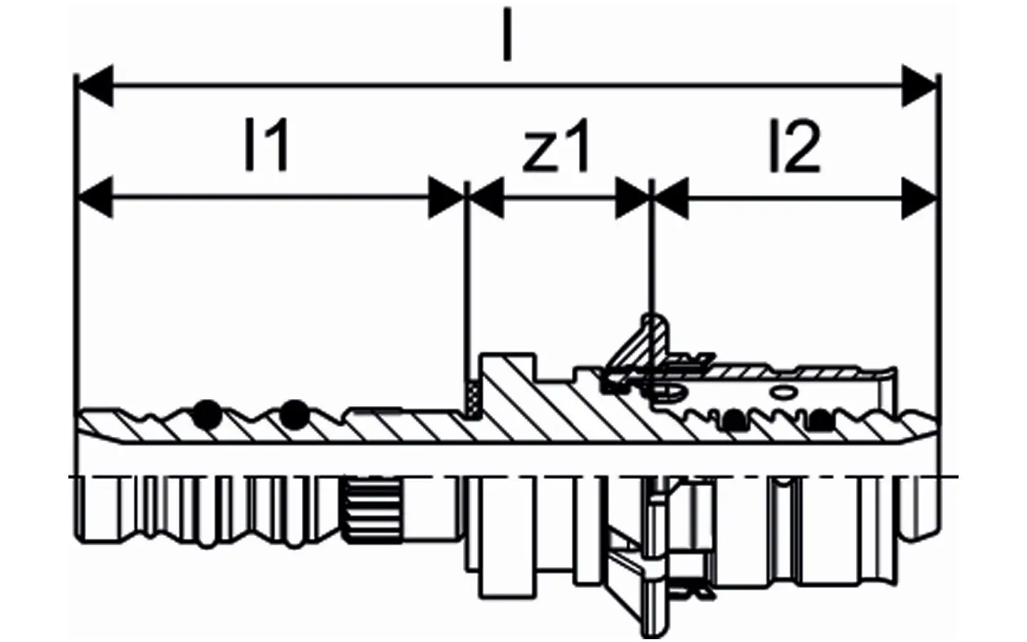 Technische Zeichnung einer Übergangskupplung. Das Produkt, hergestellt von Uponor, zeigt Schnittansichten und Maße wie I1, I2 und z1 zur Darstellung der Dimensionen.