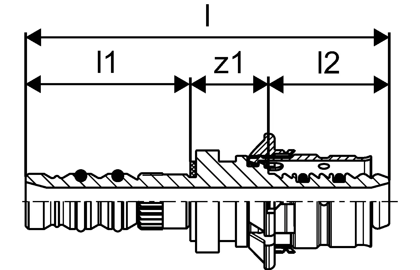 Schematische Darstellung einer Übergangskupplung, die aus mehreren Komponenten besteht, mit dem Fokus auf das Verbindungselement von Uponor.
