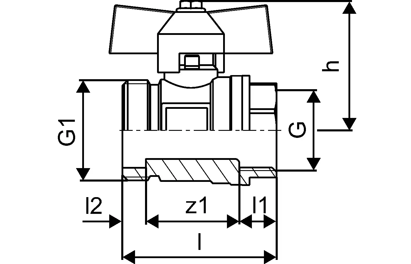Vario Kugelhahn von Uponor im technischen Zeichnungsstil, mit Dimensionen und Schnittdarstellung. Darstellung von Anschlüssen und wichtigen Maßelementen.
