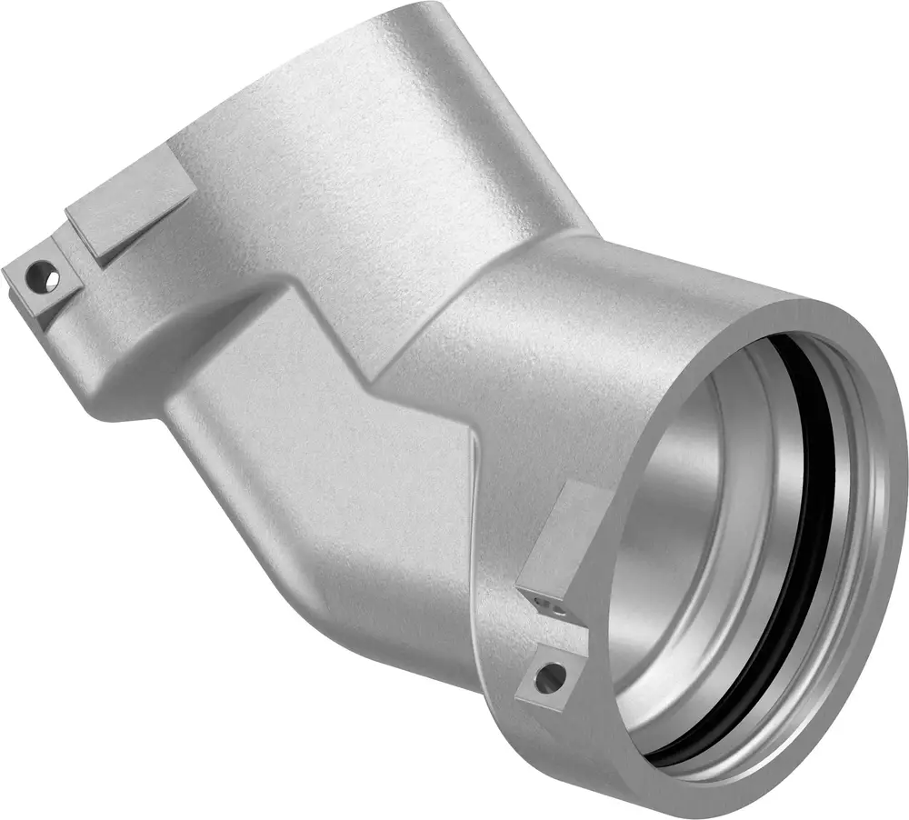 Aluminium-Gehäuse mit einem 45°-Winkel, geeignet für Rohrleitungen. Teil der Uponor-Systemlösungen für effiziente Installationen.