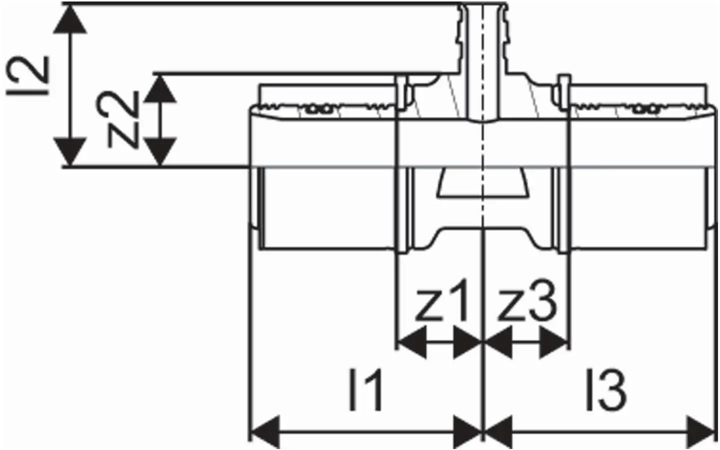 Uponor Verbindungselement mit zylindrischer Form, drei Anschlüssen und klaren Maßlinien für die Installation. Technische Zeichnung mit Maßbezeichnungen für Z- und I-Werte.