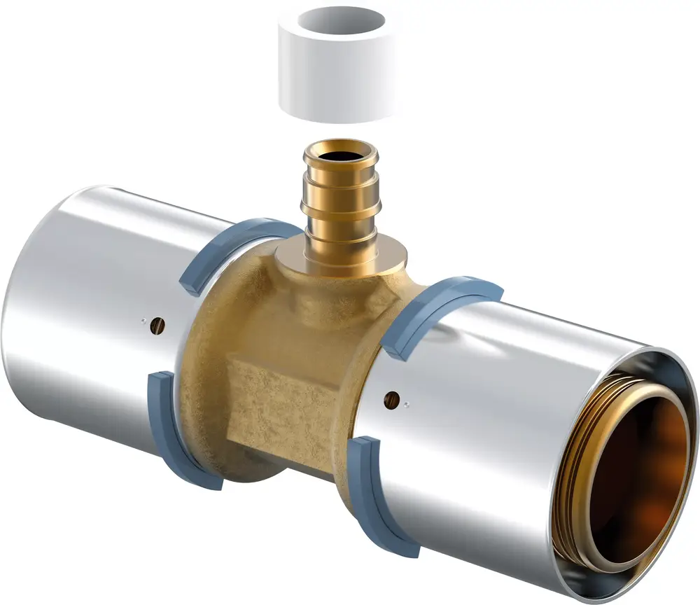 Messing T-Stück mit zwei metallischen Enden und einem mittleren Anschluss. Teil des Uponor S-Press Systems zur Rohrverbindung.
