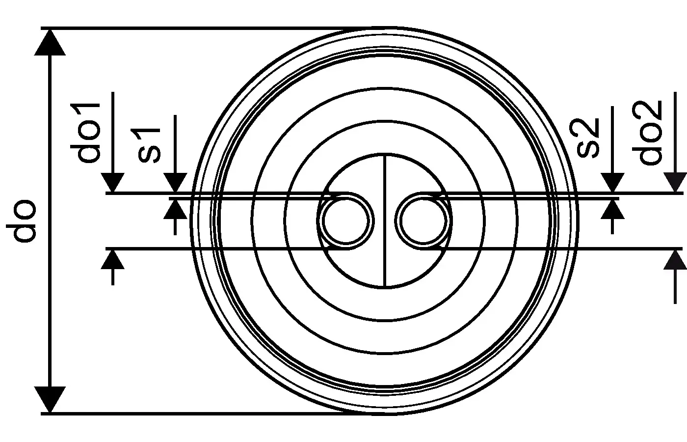 Schematisches Diagramm eines Rohres mit zwei parallelen Kreisen und Maßangaben, erstellt von Uponor. Die Abmessungen und Positionen sind deutlich gekennzeichnet.