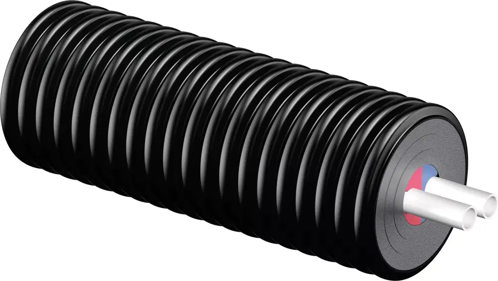 Schwarzes Rohr mit gerillter Oberfläche und zwei weißen Ansaugrohren an einem Ende. Produkt von Uponor zur Wärmeübertragung.