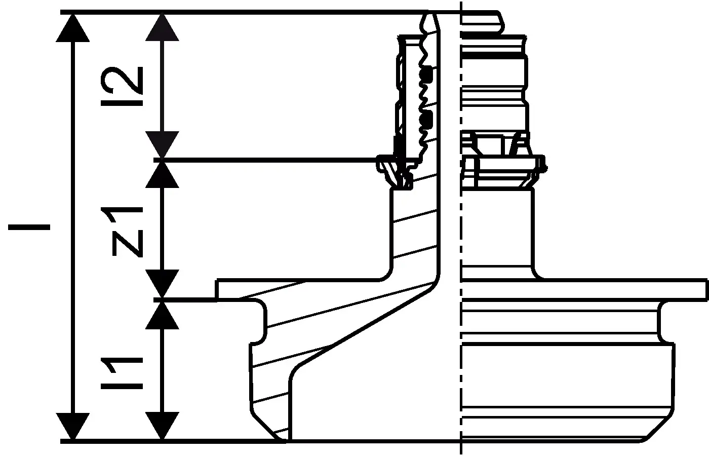 Uponor RS-Adapter, schematische Darstellung in seitlicher Ansicht. Das Bild zeigt die Form und Struktur des Adapters ohne spezifische Maße oder Details.