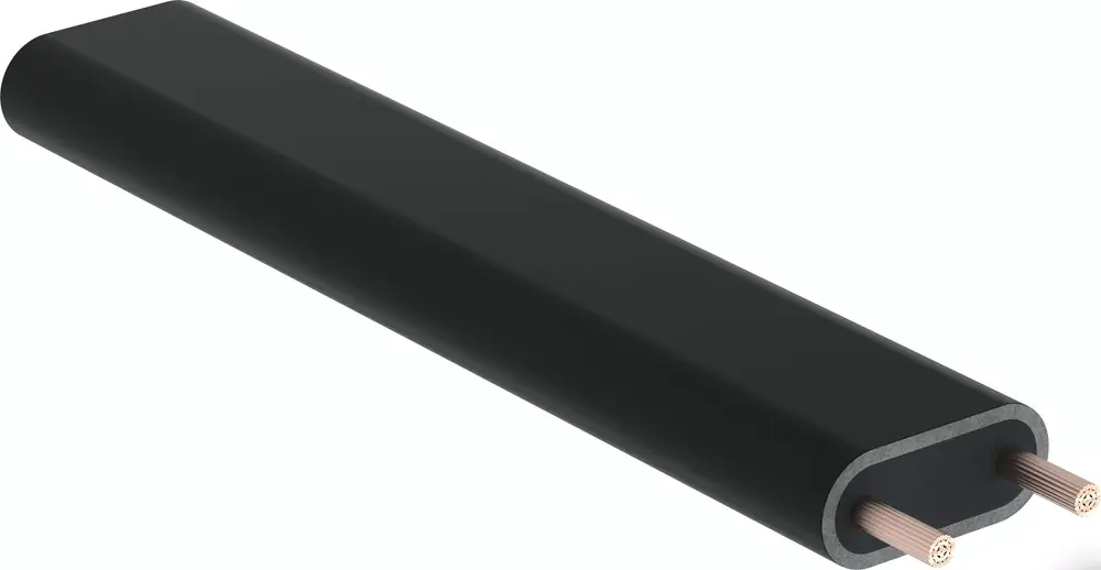 Schwarzes Kabel mit zwei kupfernen Leitern im Inneren, produziert von Uponor. Das Kabel hat eine längliche Form und ist optimal für elektrische Anwendungen geeignet.