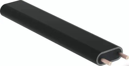 Schwarzes Kabel mit zwei kupfernen Leitern im Inneren, produziert von Uponor. Das Kabel hat eine längliche Form und ist optimal für elektrische Anwendungen geeignet.