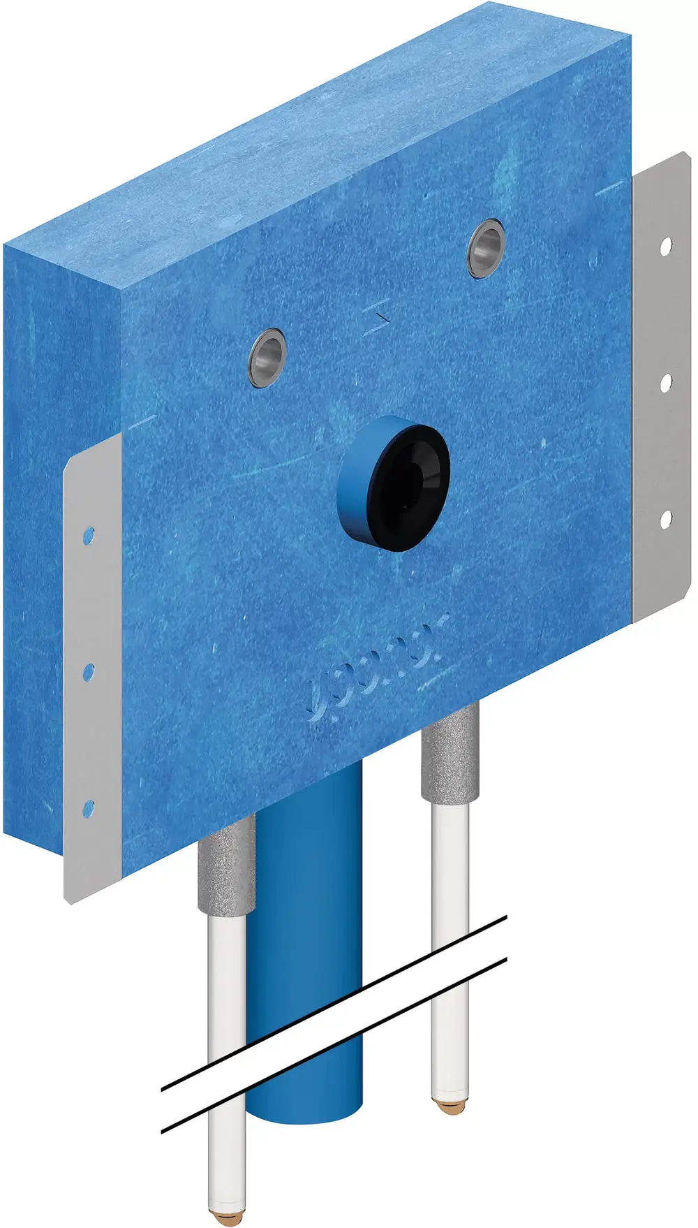 Montierte Uponor Einheit in Blau mit zwei Rohren und einem zentralen Anschluss. An der Front befindet sich eine runde Öffnung. Design für Installation in Wandsystemen.