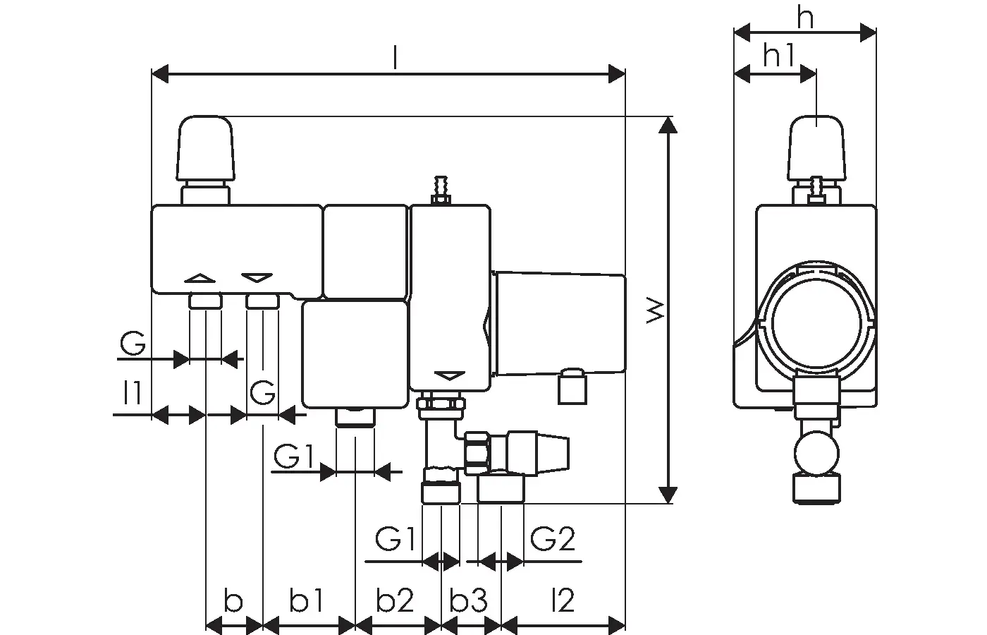 Technische Zeichnung einer Pumpengruppe von Uponor, mit verschiedenen Anschlüssen und Maßen für die Installation und Verbindung von Heizungssystemen.