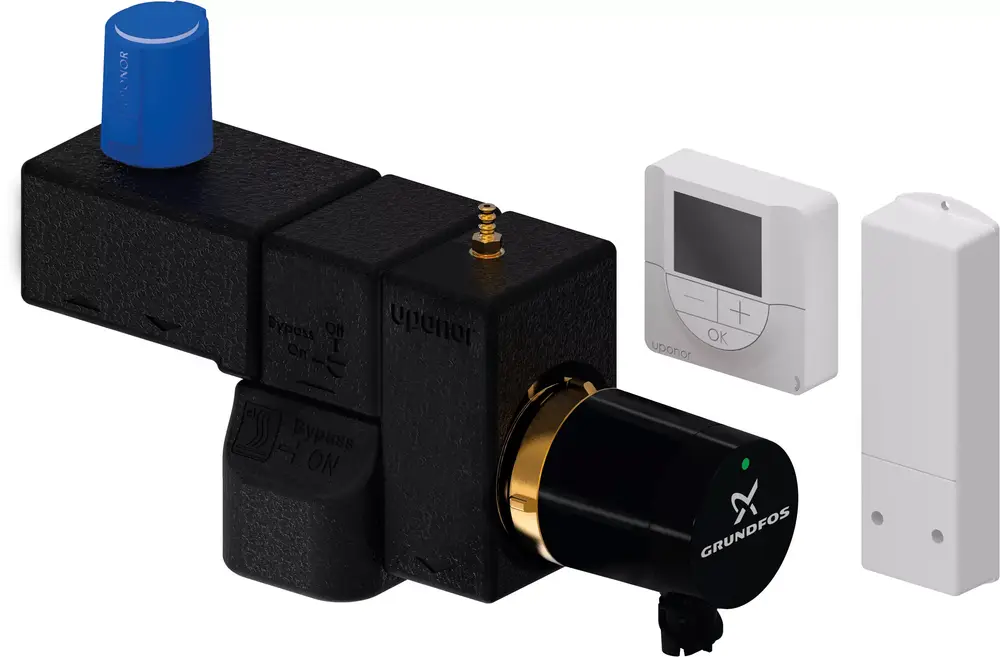 Pumpensteuerungseinheit mit Komponenten von Uponor, einschließlich Ventil, Steuergerät und Sensor. Kompakte Bauweise für effiziente Pumpensteuerung.