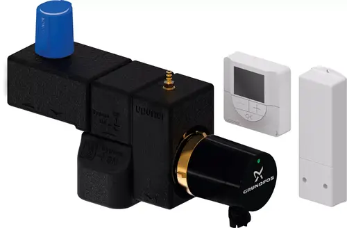 Pumpensteuerungseinheit mit Komponenten von Uponor, einschließlich Ventil, Steuergerät und Sensor. Kompakte Bauweise für effiziente Pumpensteuerung.