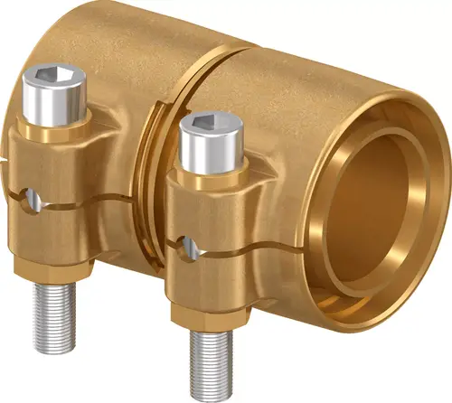 Goldfarbene Kupplung von Uponor mit zwei Verschraubungen, zur Verbindung von Rohren unterschiedlicher Durchmesser, zeigt eine robuste Bauweise ohne spezifische Maßangaben.
