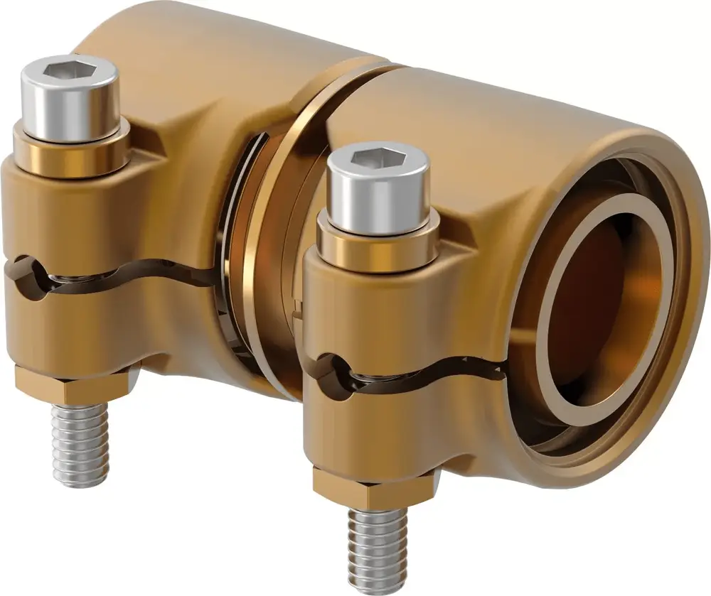 Kupplung von Uponor in goldener Ausführung mit zwei Schrauben. Doppelseitige Verbindungselemente zur Verbindung von Rohren.