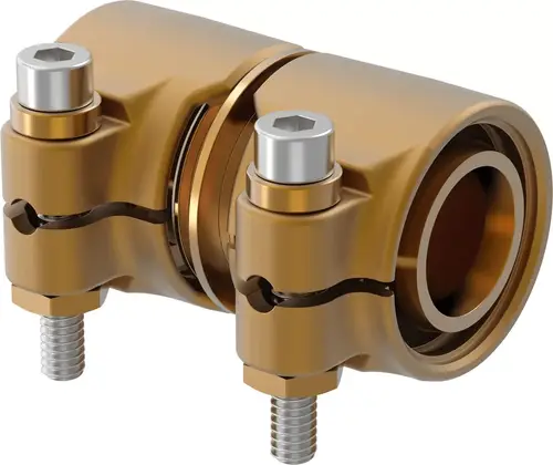 Kupplung von Uponor in goldener Ausführung mit zwei Schrauben. Doppelseitige Verbindungselemente zur Verbindung von Rohren.