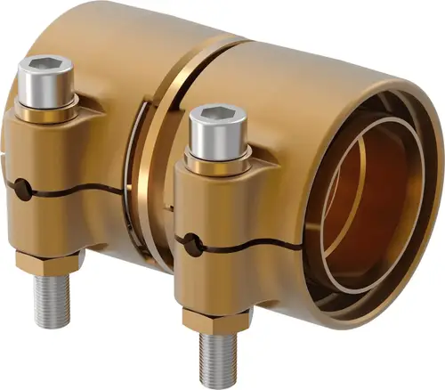 Kupplung aus Metall mit zwei Schraubenanschlüssen. Geeignet für Rohrverbindungen. Produkt von Uponor.