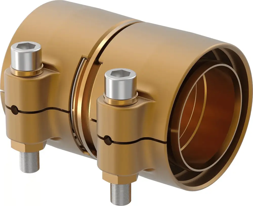 Kupplung aus Metall mit zwei seitlichen Anschlüssen, die zur Verbindung von Rohren dient. Produkt von Uponor. Besonderheiten wie Schraubenköpfe sichtbar.