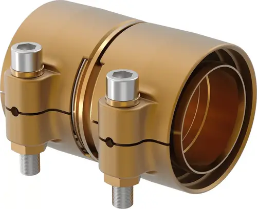 Kupplung aus Metall mit zwei seitlichen Anschlüssen, die zur Verbindung von Rohren dient. Produkt von Uponor. Besonderheiten wie Schraubenköpfe sichtbar.