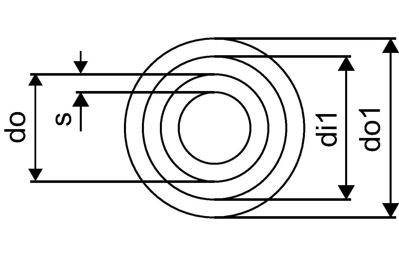 Schwarzer Querschnitt eines Rohres mit inneren und äußeren Durchmessern, dargestellt mit den Maßen di1, do1, di, und do. Produkt von Uponor.