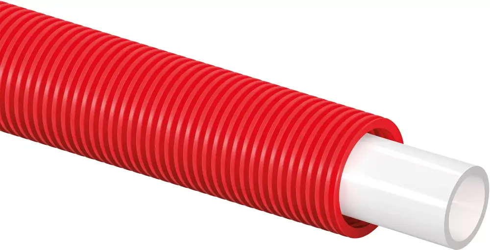 Weißes Rohr im Inneren eines roten Schutzrohrs, geeignet zur Verwendung mit Uponor-Systemen. Darstellung eines flexiblen und geschützten Rohrleitungssystems.