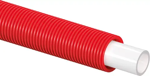 Weißes Rohr im Inneren eines roten Schutzrohrs, geeignet zur Verwendung mit Uponor-Systemen. Darstellung eines flexiblen und geschützten Rohrleitungssystems.