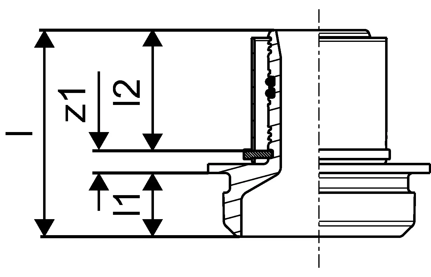 Rotierender Anschlussadapter von Uponor, mit skizzierter Schnittansicht und Maßangaben für die Installation, erkennbar durch Ziffern und Symbole.