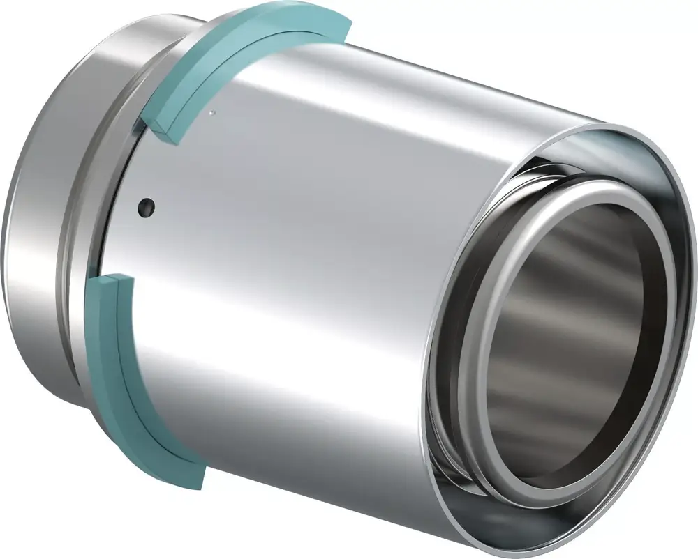 Stahladapter mit glatter, metallischer Oberfläche und blauen Dichtungen, hergestellt von Uponor, zur Verbindung von Rohrleitungen.