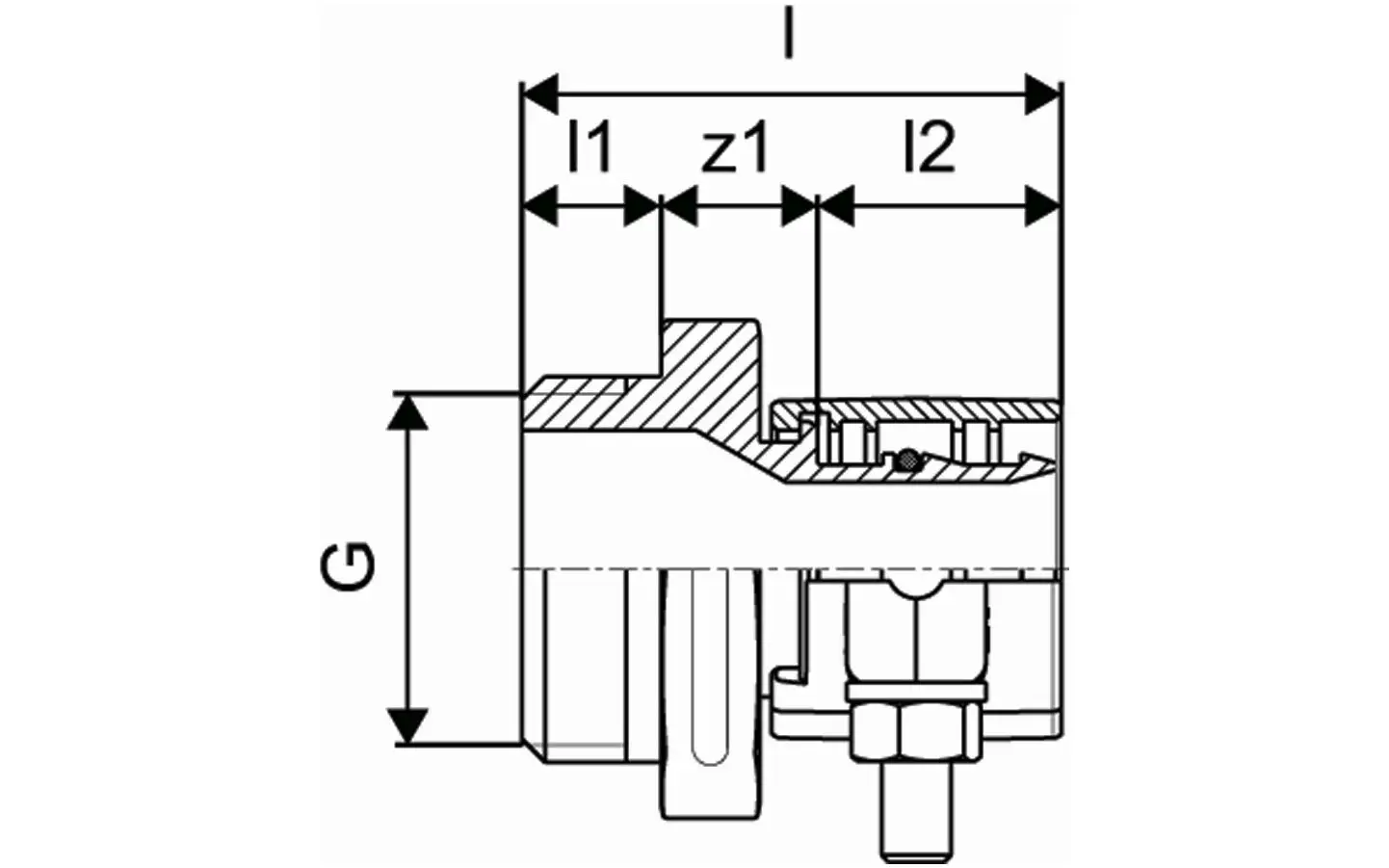 Durchschnittlicher Übergangsnippel mit schematischer Darstellung. Gezeigt sind verschiedene Maße und das designierte Verbindungsstück von Uponor.