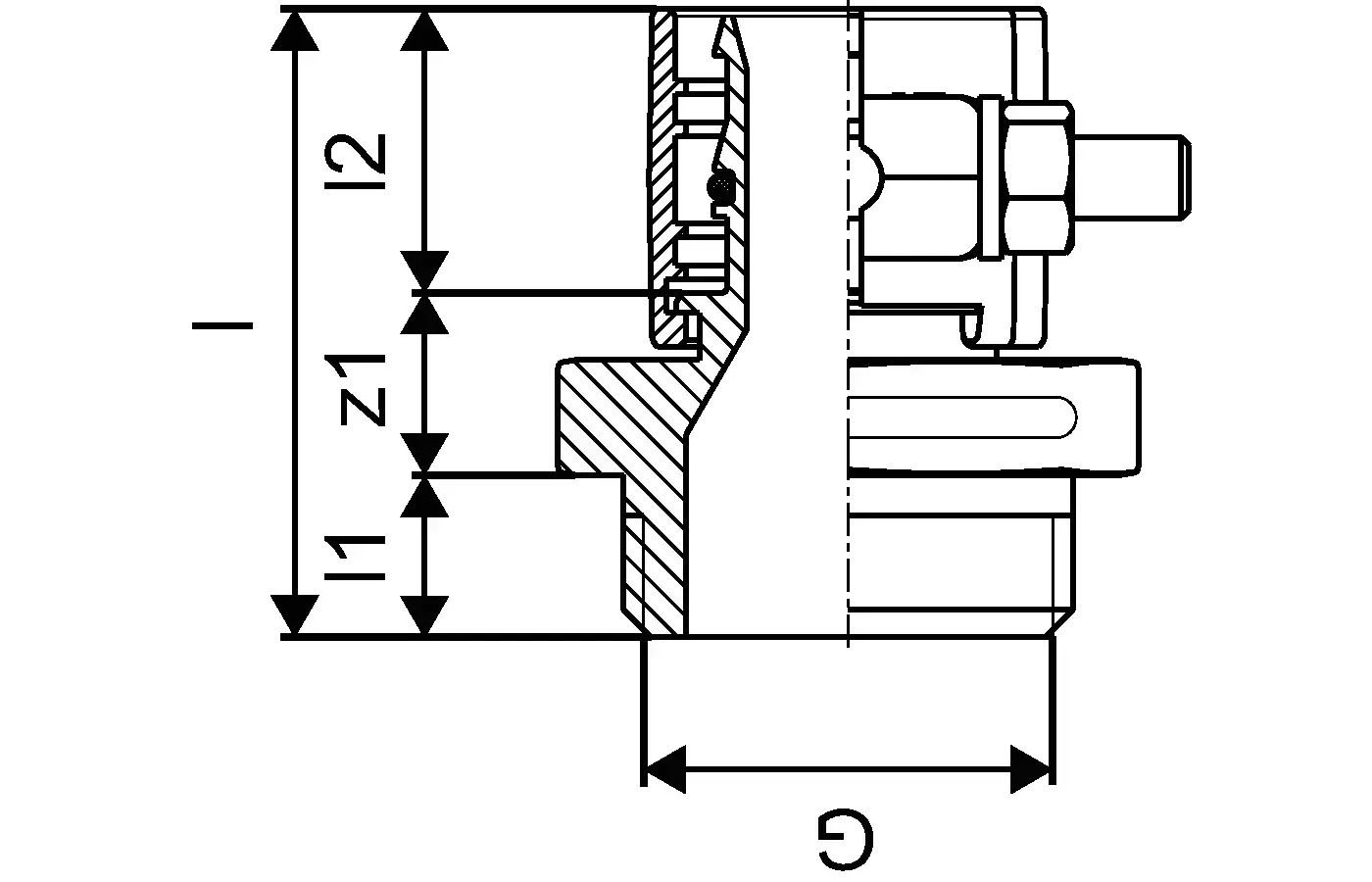 Wipex Übergangsnippel von Uponor, detaillierte technische Zeichnung mit Schnittansicht und Maßangaben, dargestellt in Schwarz-Weiß-Diagramm.