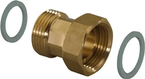 Vario Anschlussstück von Uponor mit einem gewindeartigen Design. Zwei Dichtungen liegen neben dem Anschlussstück.