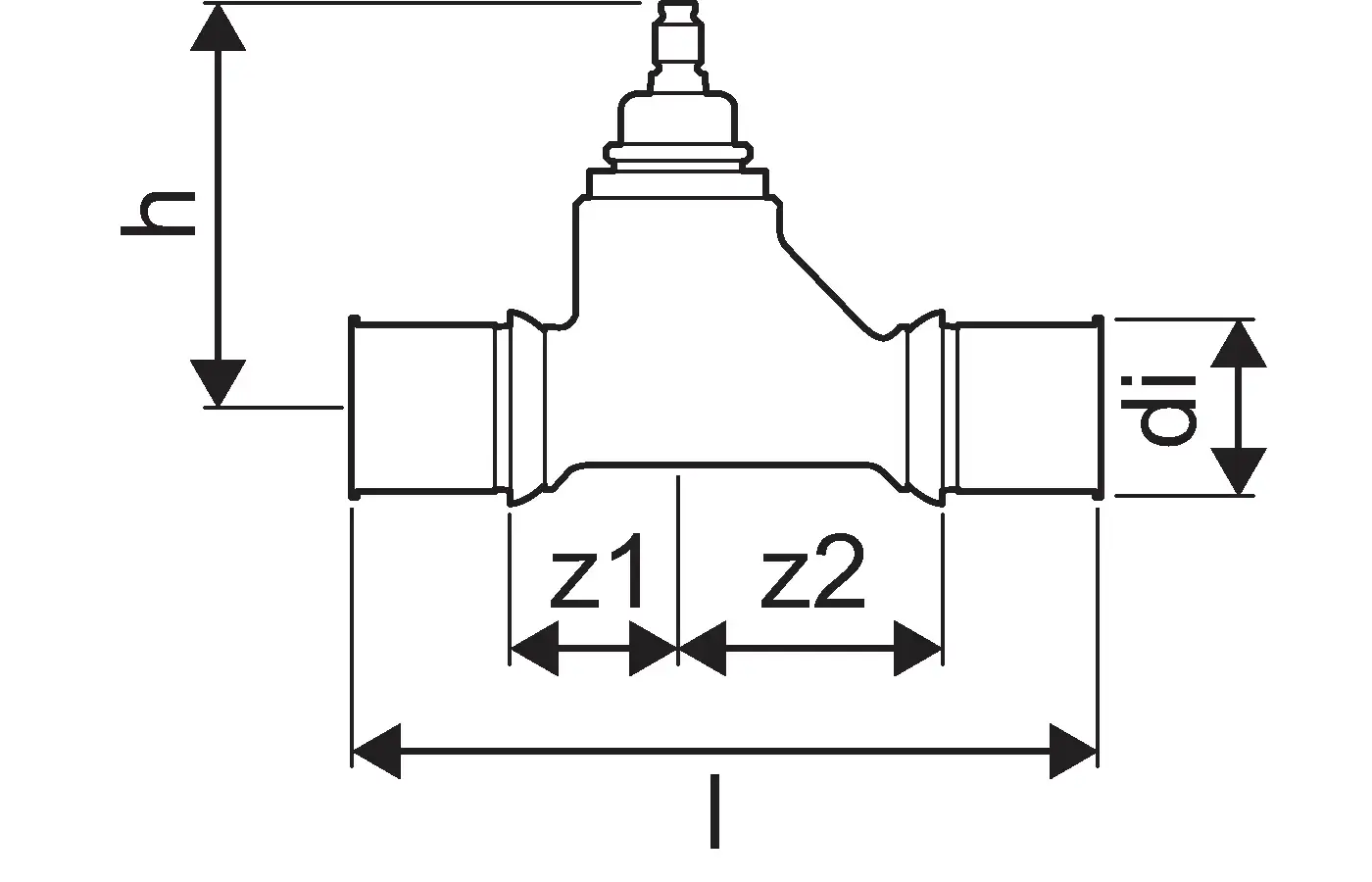 Schematische Darstellung eines Unterputzventils von Uponor mit verschiedenen Maßeinheiten, einschließlich h, di, z1, z2 und l, zur Installation in einem Rohrsystem.