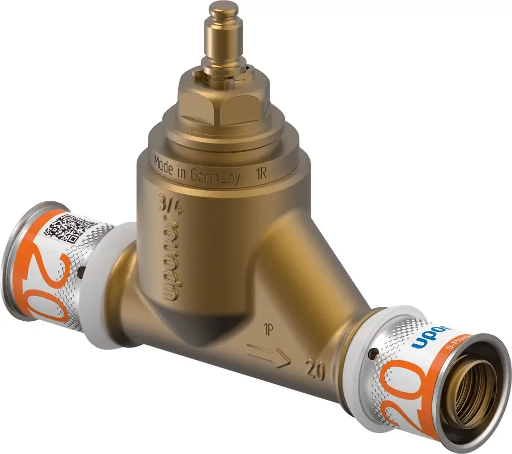 Uponor Unterputzventil mit zwei Anschlüssen, robustes Design, gefertigt in Deutschland. Detaillierte Markierungen und Orientierungshinweise sind sichtbar.