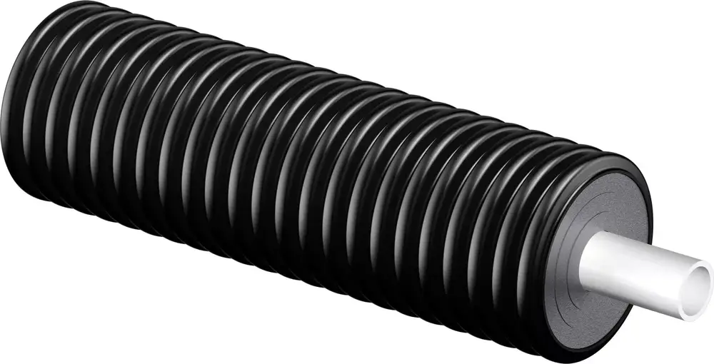 Schwarzes, wellenförmiges Produkt mit einem weißen Rohr an einem Ende, hergestellt von Uponor. Es scheint für technische Anwendungen konzipiert zu sein.