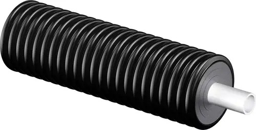 Schwarzes, wellenförmiges Produkt mit einem weißen Rohr an einem Ende, hergestellt von Uponor. Es scheint für technische Anwendungen konzipiert zu sein.
