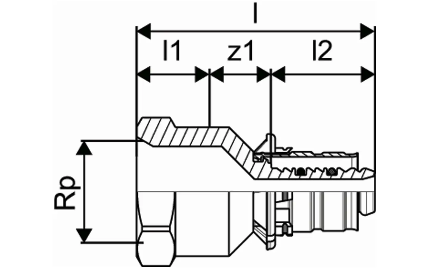Schematische Darstellung einer Übergangsmuffe mit Verbindungselementen, die typischerweise in Rohrleitungssystemen von Uponor verwendet wird.