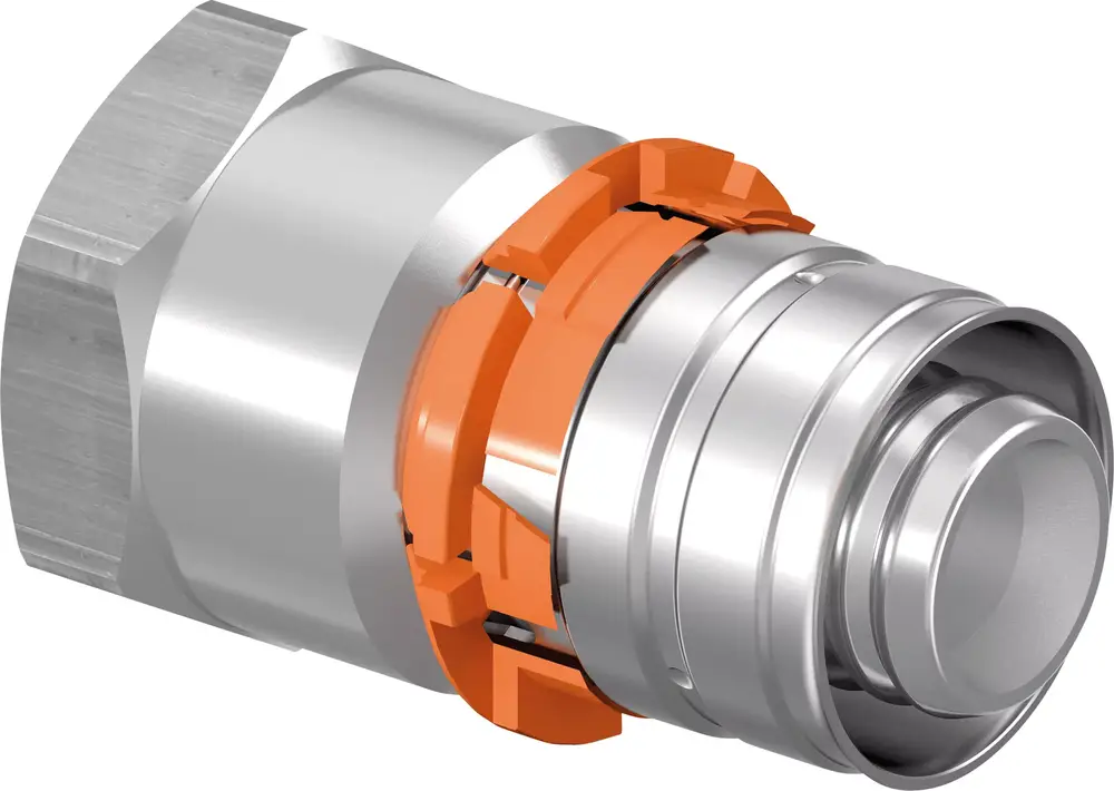 Metallene Übergangsmuffe mit orangefarbener Sicherung. Teil der Uponor S-Press Reihe, geeignet für Rohrverbindungen.